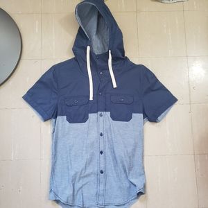 Hooded Short Sleeve Button Up Shirt